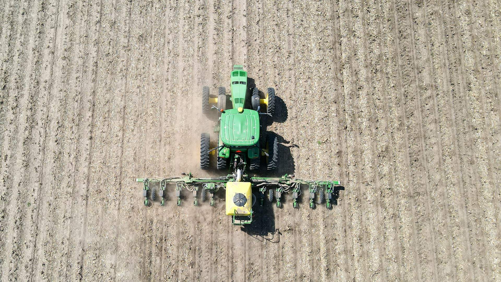 Aerial view of a tractor planting in a Nebraska field
