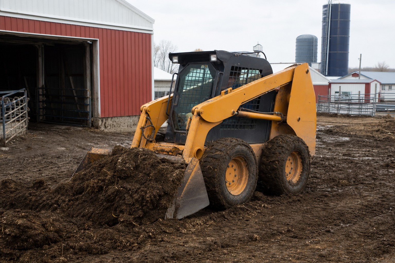 Skid steer loader moving dirt in a farmyard