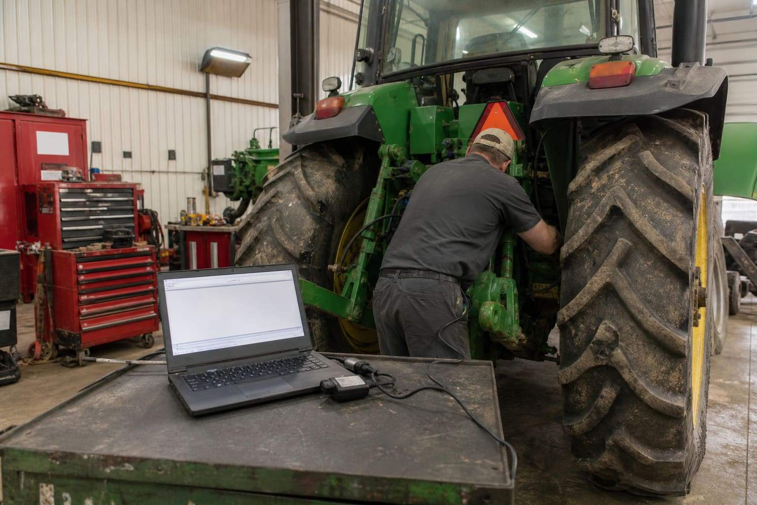 Laptop connected to a tractor for in-house ECU file writing