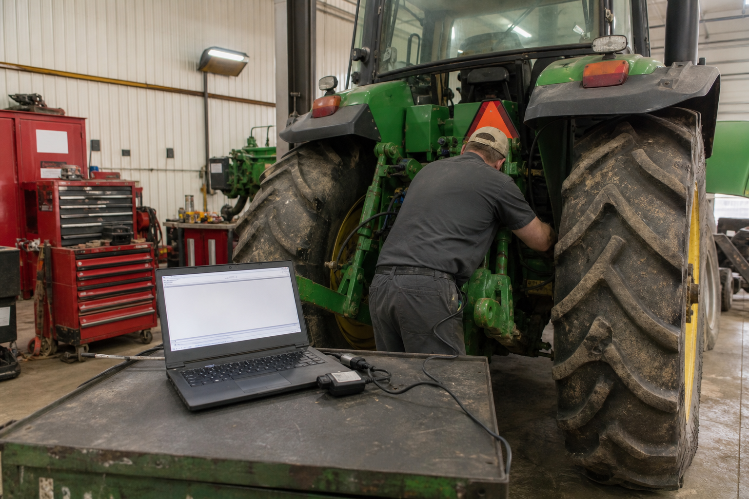 Laptop connected to a tractor for in-house ECU file writing