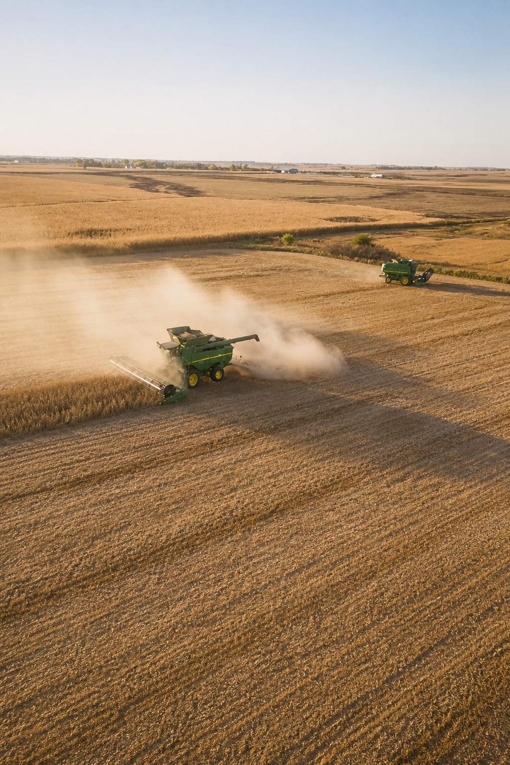Combines harvesting a Midwest grain field from above