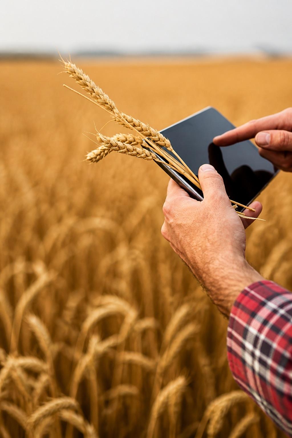 Tablet and wheat in a field during harvest planning