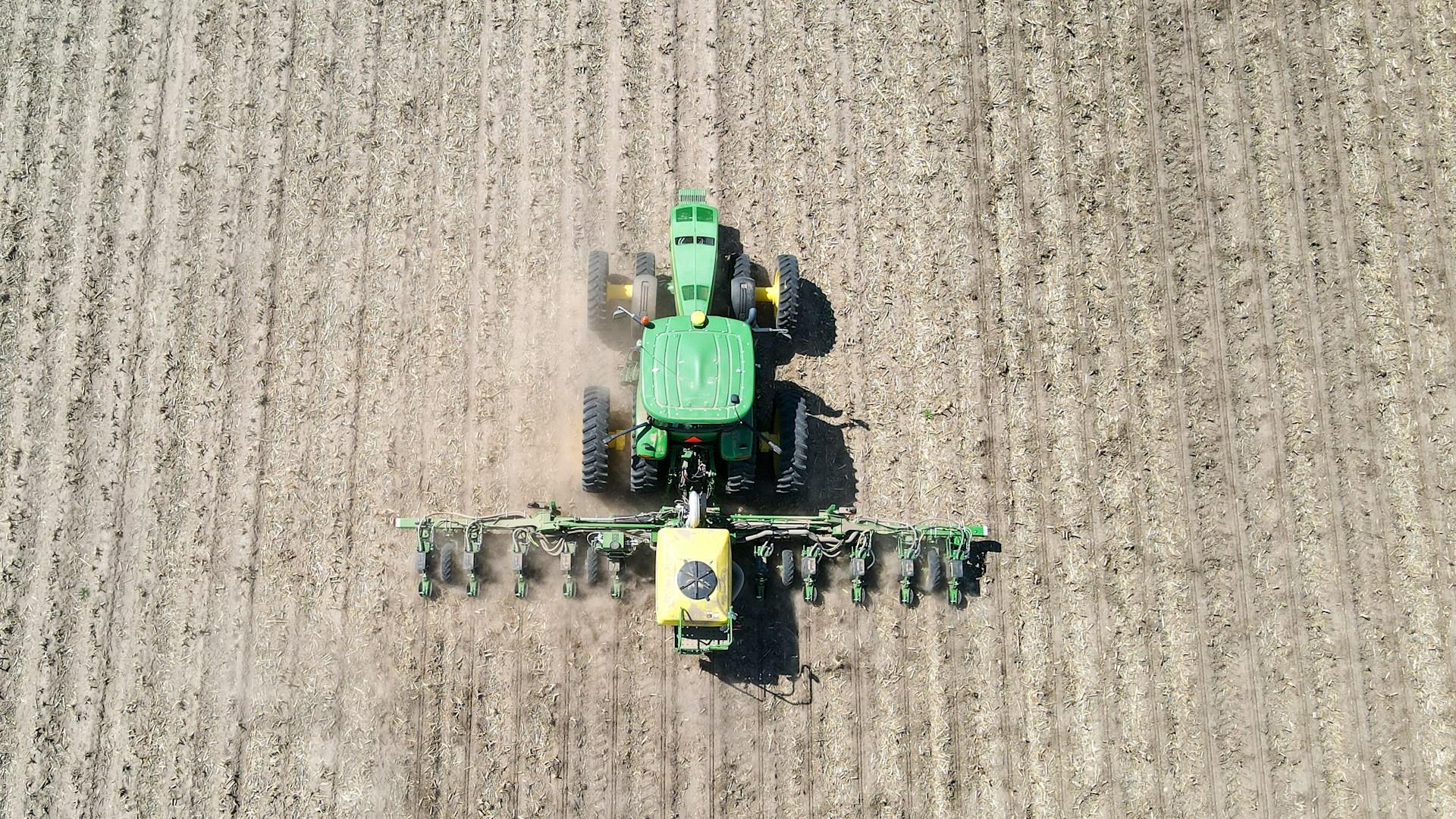 Aerial view of a tractor planting in a Nebraska field
