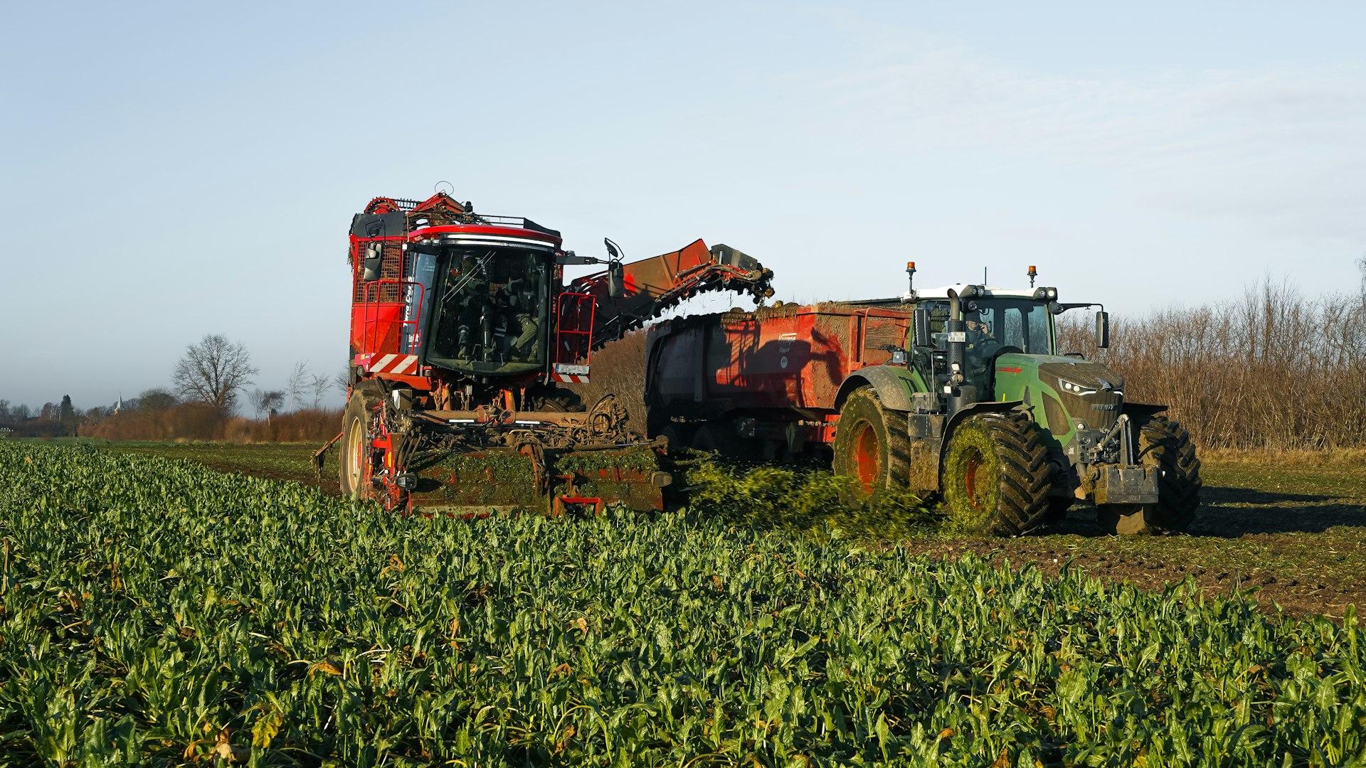 Tractor and harvester working a green crop field