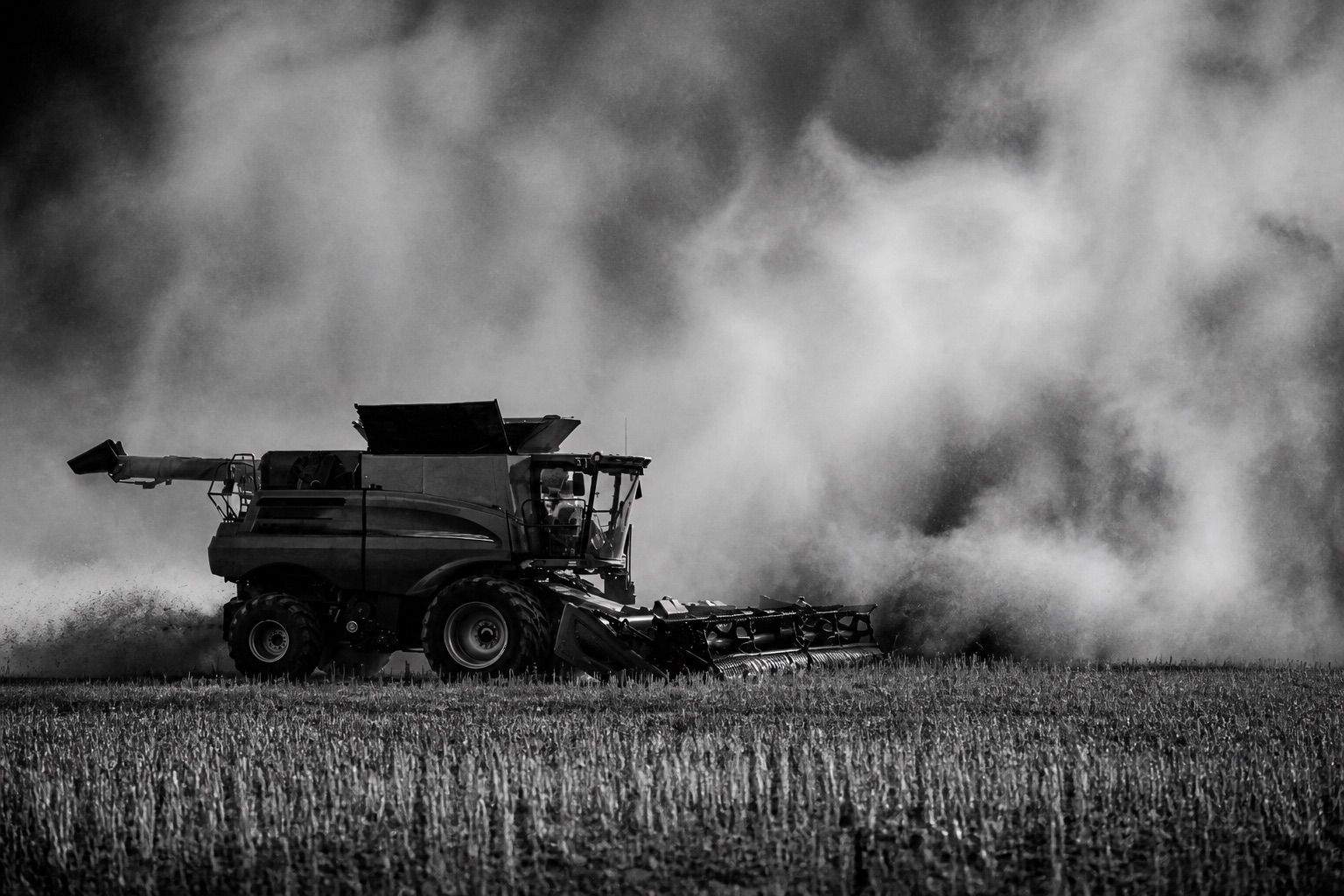 Combine harvesting through a dust cloud